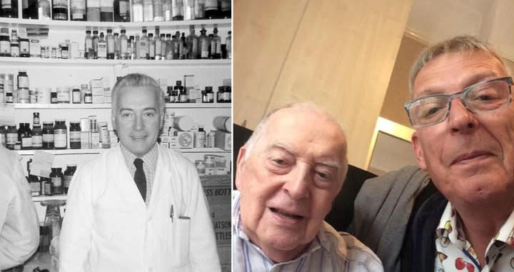 Jack Bowden with his son Mark (R) and when he worked as a pharmacist during WW2 (Picture: SWNS)