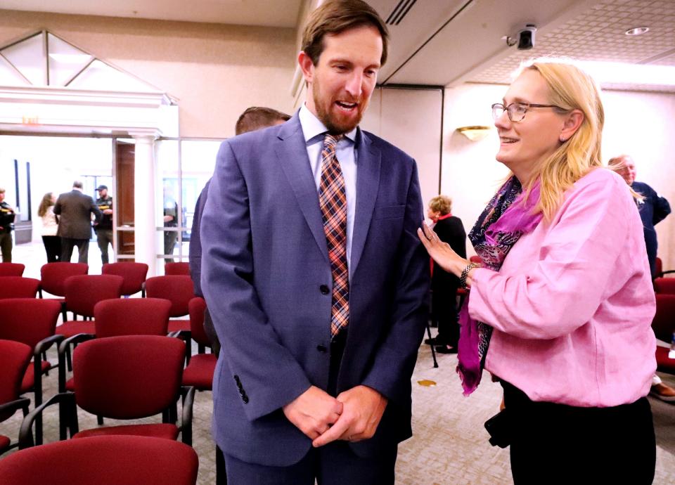 Rutherford County School Board Member Claire Maxwell, right, talks with James Sullivan after the meeting, on Monday, May 23, 2022, where the Rutherford County School Board voted to appoint Sullivan to be the next Rutherford County Schools director.