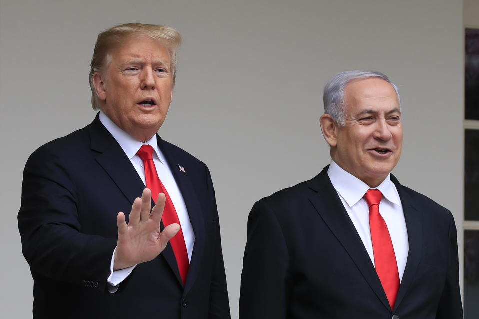 President Donald Trump welcomes visiting Israeli Prime Minister Benjamin Netanyahu to the White House in Washington, Monday, March 25, 2019. (AP Photo/Manuel Balce Ceneta)