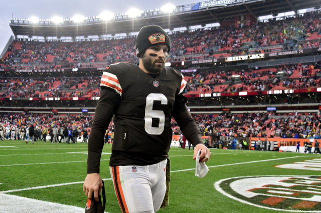 STS - Browns Baker Mayfield Game Worn Jersey - with sewn in hand warmer -  Worn on 11.21.21 in victory over Lions