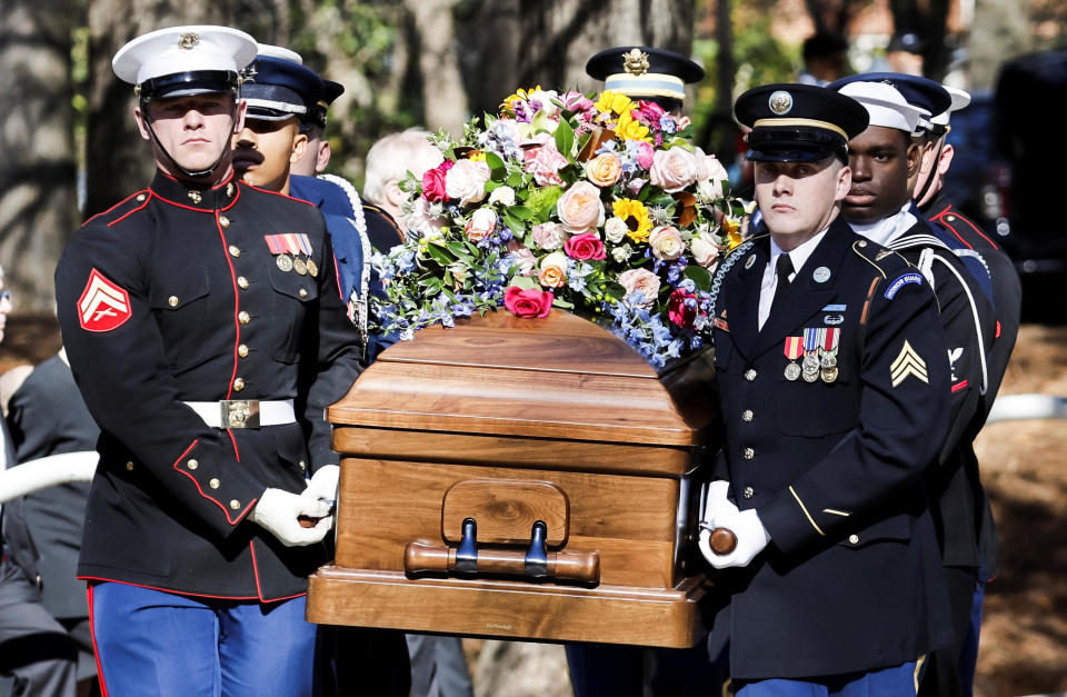 A military honor guard carries the casket of former first lady Rosalynn Carter from the Jimmy Carter Presidential Library and Museum en route to a memorial service at Emory University's Glenn Memorial Church, in Atlanta, Georgia, Nov. 28, 2023. / Credit: Eric S. Lesser/Pool via Reuters
