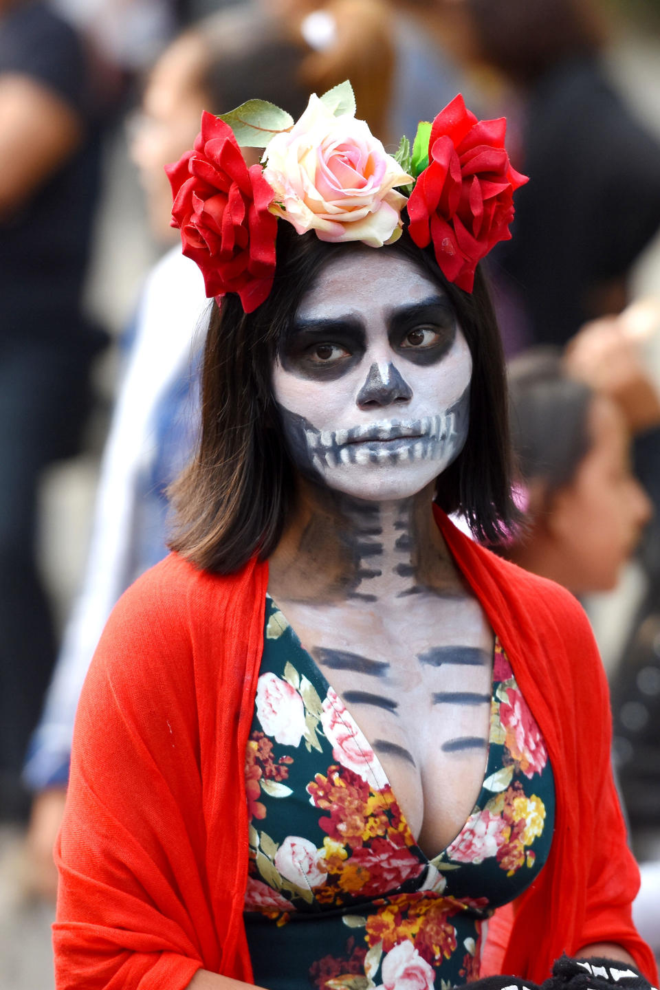 <p>Participants are seen during the traditional Day of the Dead parade at Reforma Avenue in Mexico City, Mexico on Oct. 28, 2017. (Photo: Carlos Tischler/REX/Shutterstock) </p>