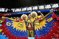 <p>Colombia fans enjoy the atmosphere in the ground before the 2018 FIFA World Cup Russia Round of 16 match between Colombia and England at Spartak Stadium on July 3, 2018 in Moscow, Russia. (Photo by Chris Brunskill/Fantasista/Getty Images) </p>