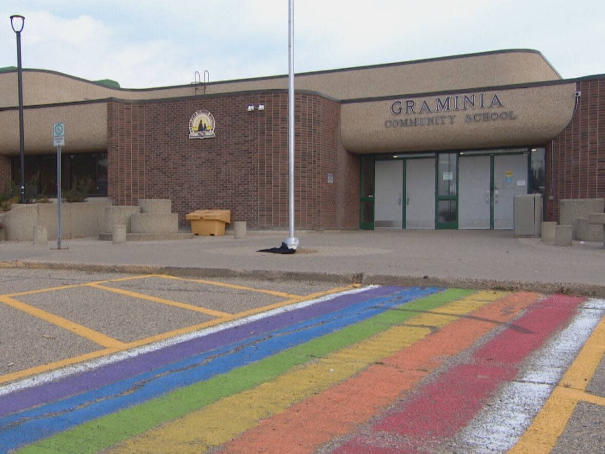 Mounties are investigating a possible hate crime after a severed domesticated pig's head was found in the middle of a rainbow crosswalk at Graminia School in Parkland County. (Trevor Wilson/CBC - image credit)