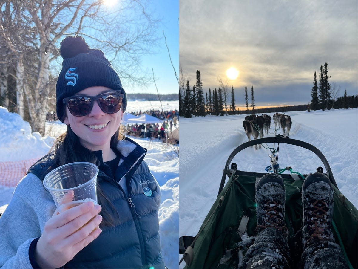 On the left, Abby holding a cup outside in the snow in Alaska. On the right, a view of the mountains and dogs from the sled.