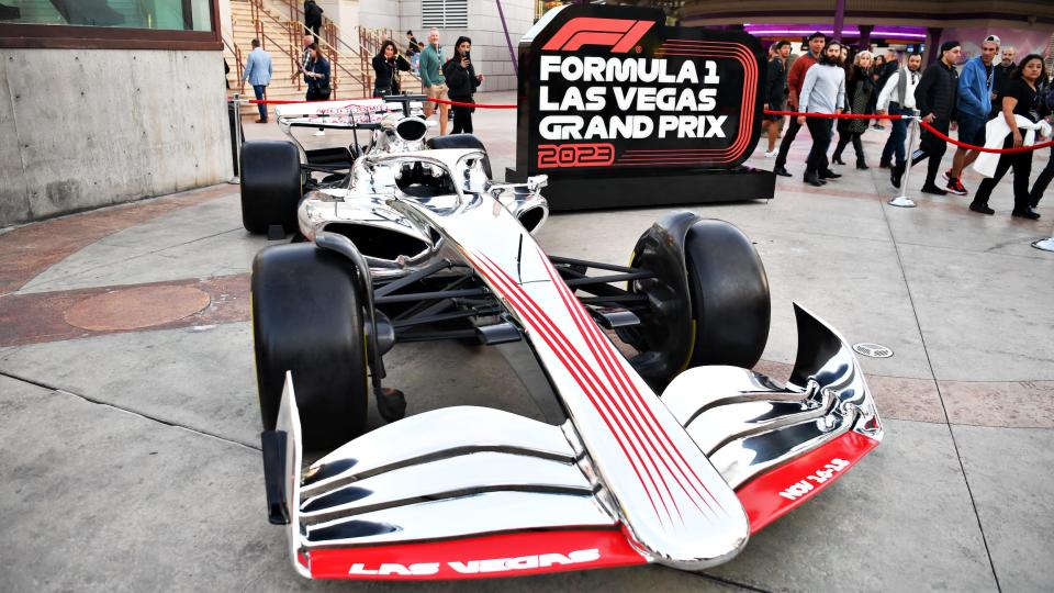 An F1 car during the launch party for the Formula 1 Las Vegas Grand Prix.