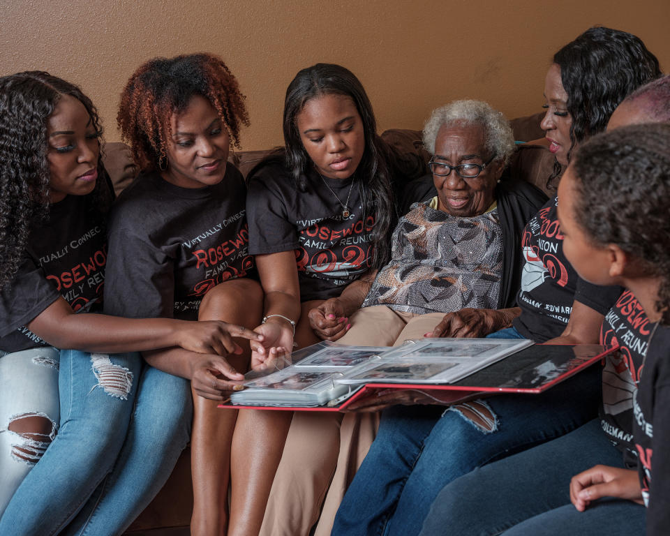 One of the oldest living descendants of the Rosewood massacre, Altamese Wrispus, with three generations of family members.<span class="copyright">Rahim Fortune for TIME</span>