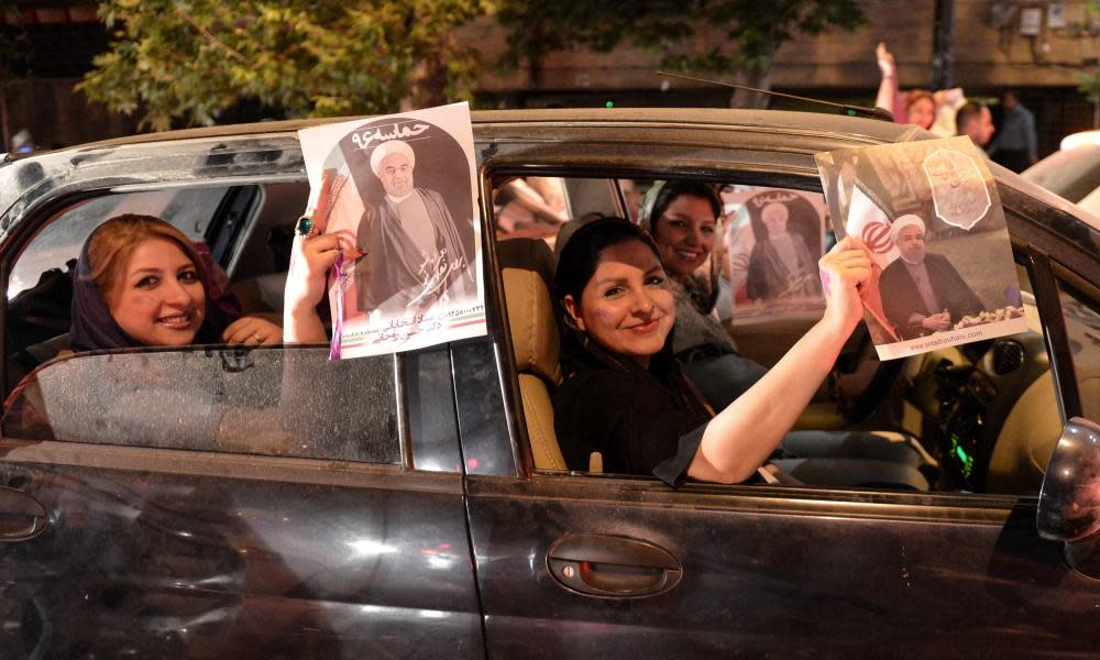 Women in Tehran celebrate Hassan Rouhani’s victory.