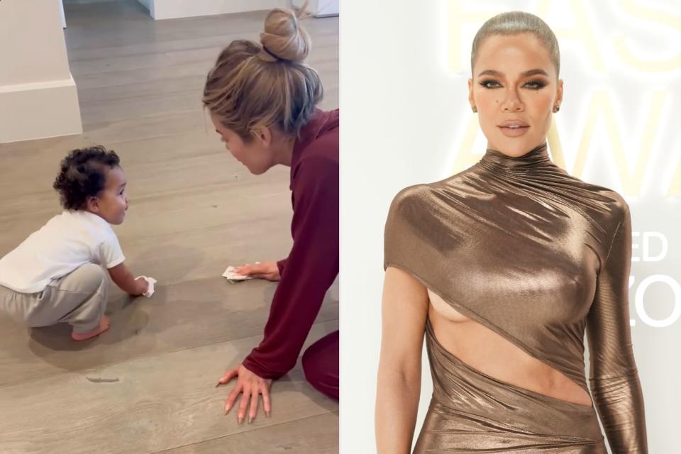 <p>Khloe Kardashian / Instagram;  Kevin Mazur/WireImage</p> Khloé Kardashian teaches son Tatum how to clean up the floor