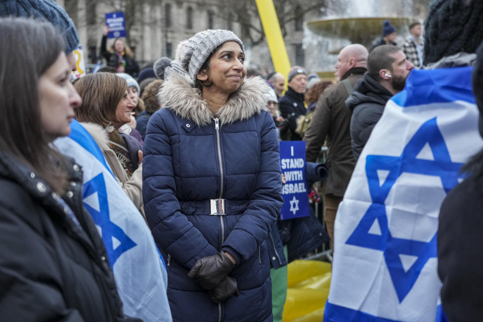 Former UK home secretary Suella Braverman stands in the crowd during a rally supporting Israel, in Trafalgar Square, London, Sunday, Jan. 14, 2024. (Jeff Moore/PA via AP)