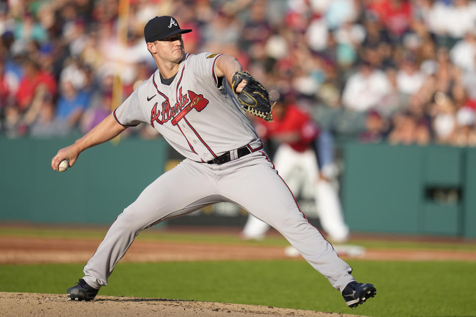 Atlanta Braves' Michael Soroka pitches to a Cleveland Guardians batter during the first inning of a baseball game Wednesday, July 5, 2023, in Cleveland. (AP Photo/Sue Ogrocki)