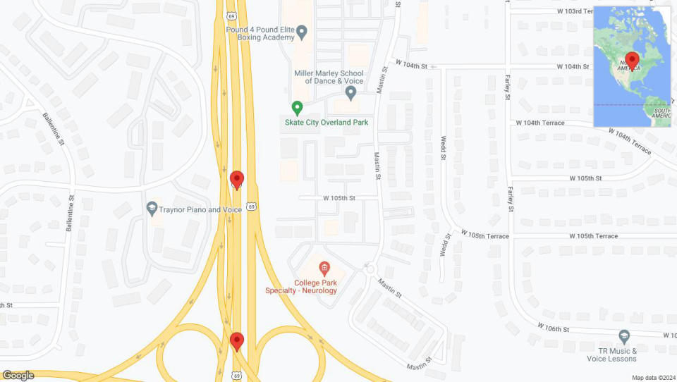 A detailed map that shows the affected road due to 'Lane on US-69 closed in Overland Park' on June 7th at 12:24 a.m.