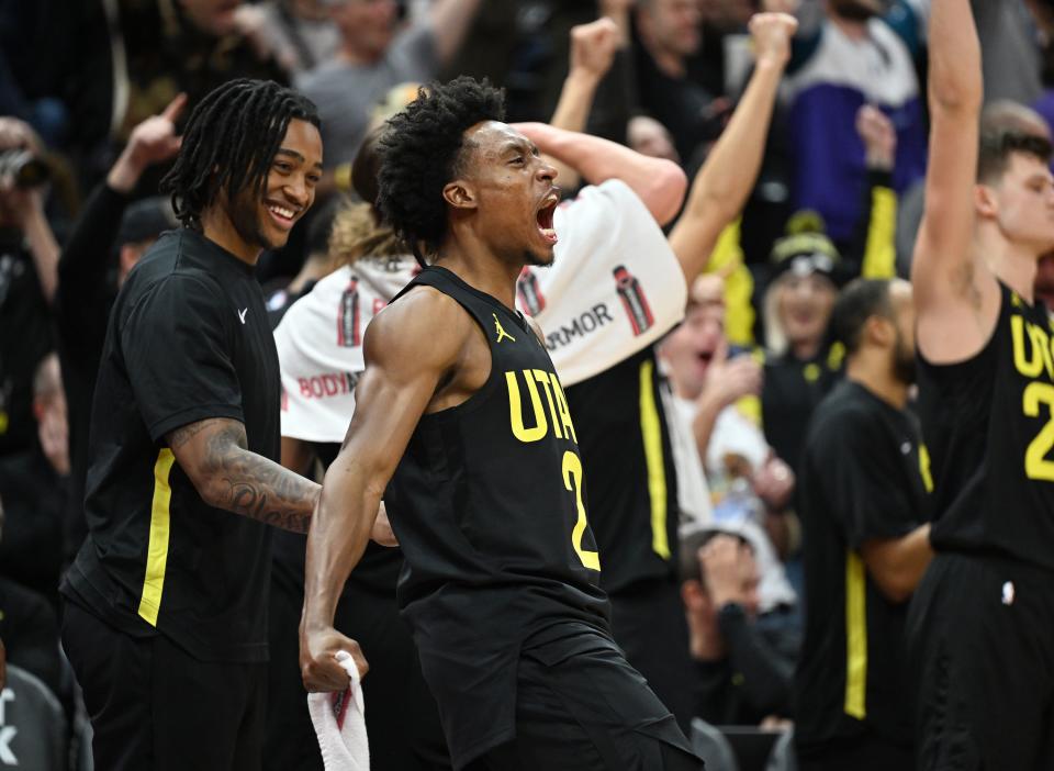 Utah Jazz guard Collin Sexton (2),teammates and crowd members celebrate after two missed free throws as the Jazz and Raptors play at the Delta Center in Salt Lake City on Friday, Jan. 12, 2024. Utah won 145-113. | Scott G Winterton, Deseret News