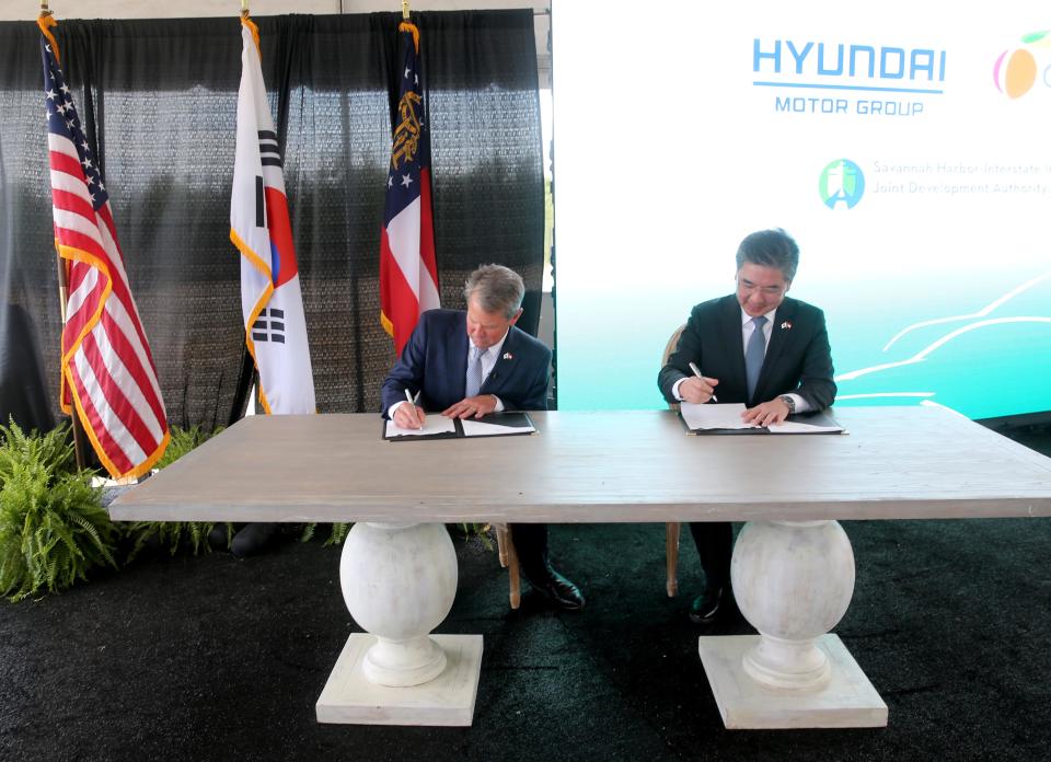 Georgia Governor Brian Kemp and Jaehoon "Jay" Chang, Hyundai Motor Company President and CEO, sign an agreement on Friday May 20, 2022 to finalize a deal for Hyundai Motor Group to build a manufacturing plant in Ellabell Georgia.