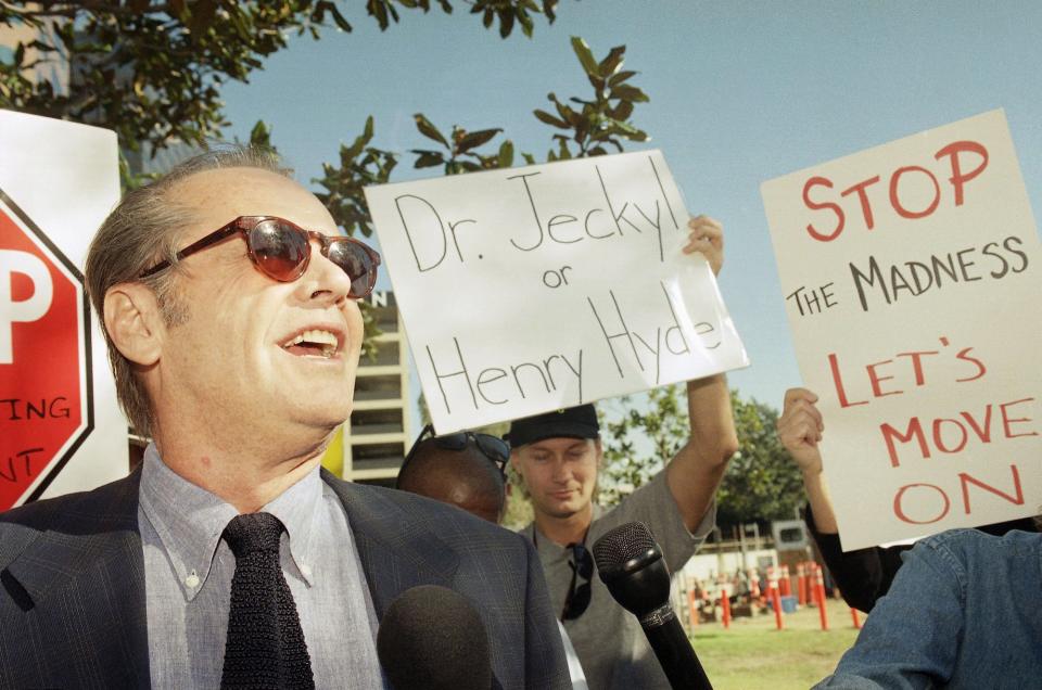 Actor Jack Nicholson speaks at an anti-impeachment rally at the Federal Building in the Westwood section of Los Angeles, Wednesday, Dec. 16, 1998. Nearly 1,000 people attended the star-studded rally supporting President Clinton.