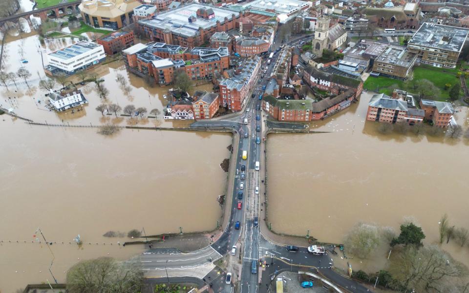 The city centre has been flooded by the River Severn following heavy rainfall