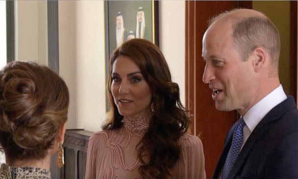 PHOTO: Britain's Prince William and Princess Catherine are greeted by King Abdullah II (not seen) and Queen Rania before the marriage ceremony of Crown Prince Hussein and Saudi architect Rajwa Alseif, June 1, 2023, in Amman, Jordan. (Royal Hashemite Court via AP)