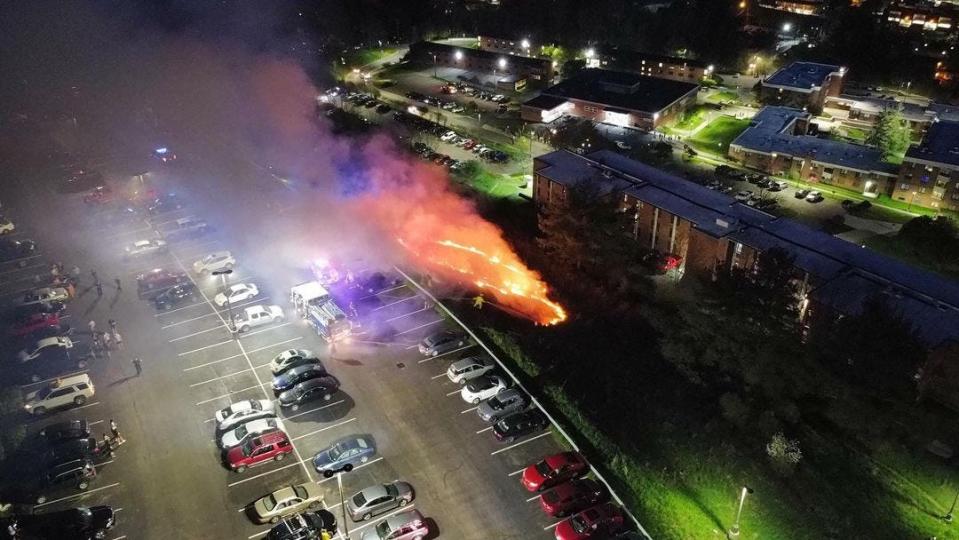 A brush fire ignited at Alfred State College on Thursday, May 12, 2022.