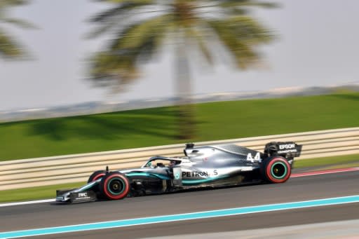 Mercedes' British driver Lewis Hamilton steers his car during the third practice session at the Yas Marina Circuit in Abu Dhabi, a day ahead of the final race of the season, on November 30, 2019