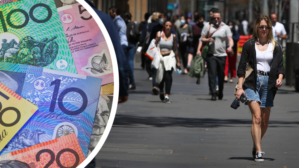 Australia currency and people walking on a busy street to represent money lost to employment scams.