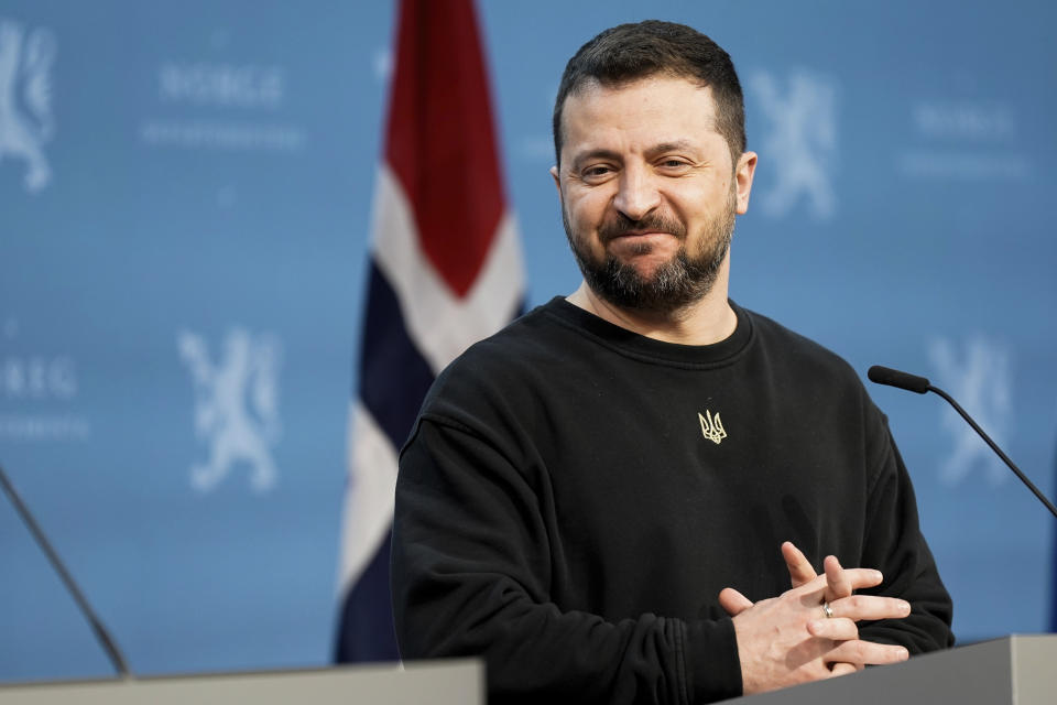 Ukrainian President Volodymyr Zelenskyy speaks at the Nordic Summit in Oslo, Wednesday, Dec. 13, 2023. (Cornelius Poppe/NTB Scanpix via AP)