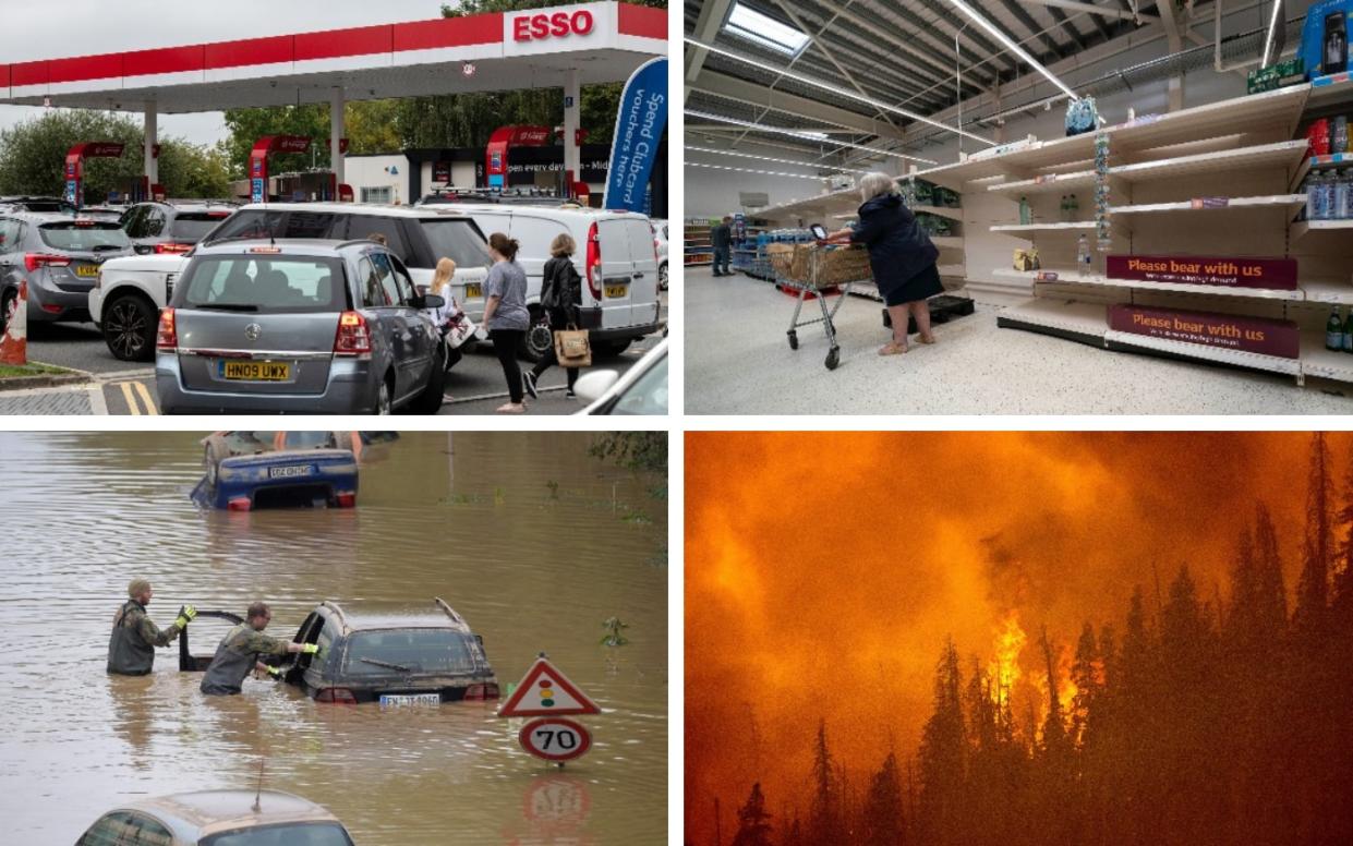 Britain's fuel and food shortage crises, alongside flooding in Germany and wildfires in places such as the US, have compelled officials to reassess risk preparation strategies - Chris J Ratcliffe/Getty Images/Jon Super/Xinhua/Sebastien Bozon/AFP via Getty Images/AP Photo/Noah Berger