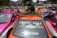 Workers from two taxi cooperatives assemble miniature gardens on the rooftops of unused taxis parked in Bangkok, Thailand, Thursday, Sept. 16, 2021. Taxi fleets in Thailand are giving new meaning to the term “rooftop garden,” as they utilize the roofs of cabs idled by the coronavirus crisis to serve as small vegetable plots and raise awareness about the plight of out of work drivers. (AP Photo/Sakchai Lalit)