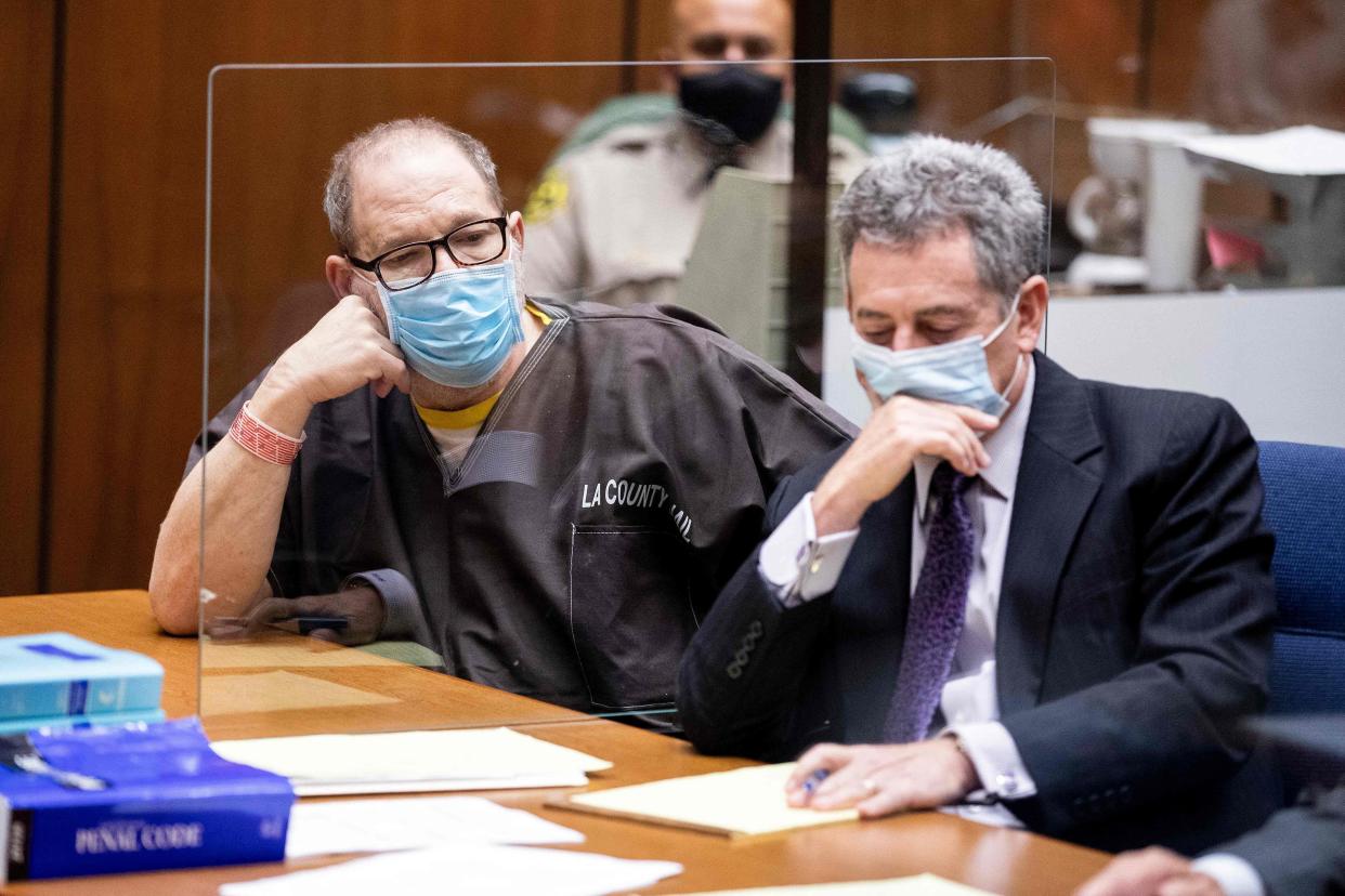 Harvey Weinstein (left) and his attorney Mark Werksman listen in court during a pre-trial hearing for Weinstein in Los Angeles, California on Thursday. 