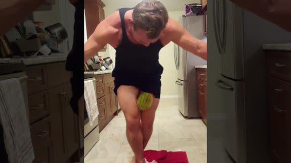 Big swole guy crushes watermelon between legs for fun, I guess