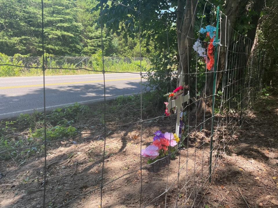 Roadside tributes mark the spot along Ball Camp Road where where Maria Gaspar, 16, was killed April 13 when the driver of the vehicle she was in fled a Knox County Sheriff's Office deputy and wrecked. The driver, a 16-year-old boy, also died in the wreck.