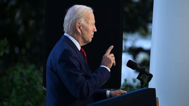 PHOTO: President Joe Biden speaks from the Blue Room balcony of the White House in Washington, Aug. 1, 2022. (Pool/Getty Images)