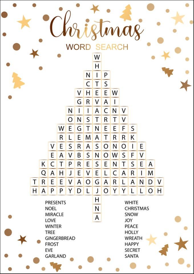 christmas word search puzzle in the shape of a tree