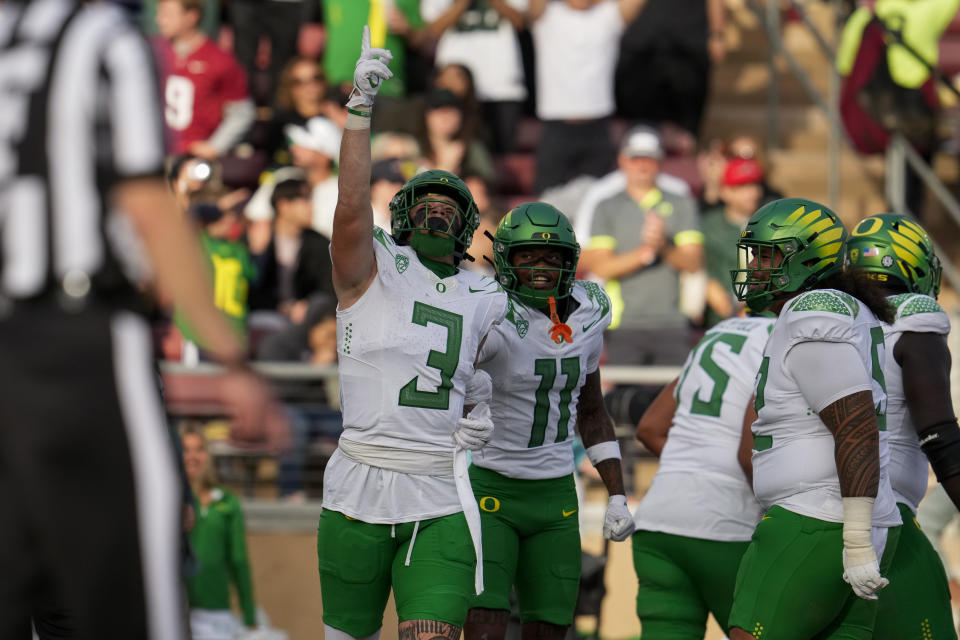 Oregon tight end Terrance Ferguson (3) celebrates after scoring a receiving touchdown against Stanford during the second half of an NCAA college football game, Saturday, Sept. 30, 2023, in Stanford, Calif. (AP Photo/Godofredo A. Vásquez)