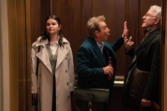 <p>Patrick Harbron/Hulu</p> (L-R) Selena Gomez, Martin Short and Steve Martin in 'Only Murders in the Building'