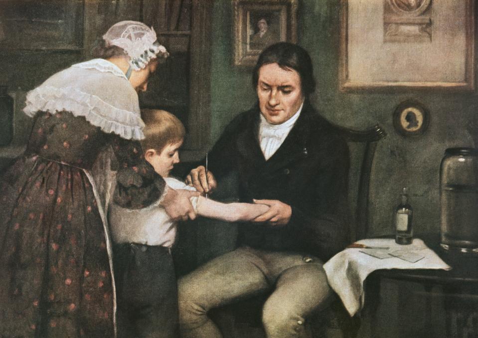 Dr Edward Jenner (1749-1823) performing his first vaccination against smallpox on James Phipps, a boy of eight, May 14, 1796, oil on canvas by Ernest Board (1877-1934), 1920-1930, United Kingdom, 20th century.
