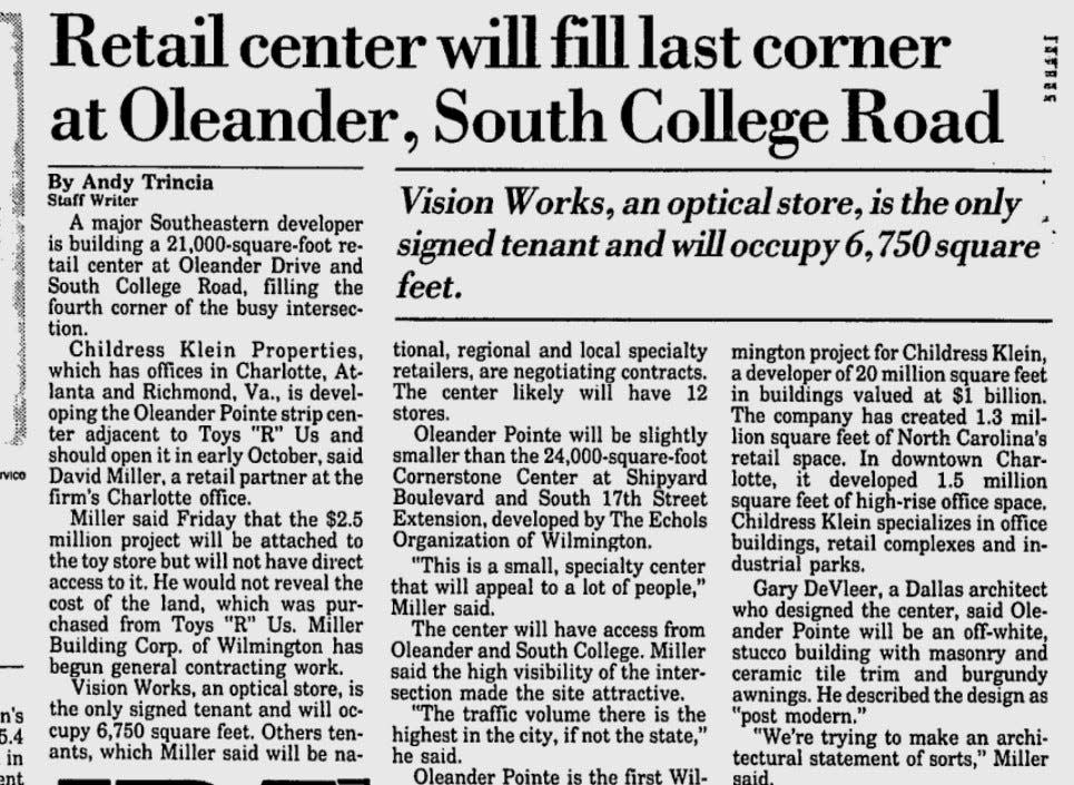 A story in the May 5, 1990, Wilmington Morning Star about the planned Oleander Pointe shopping center.