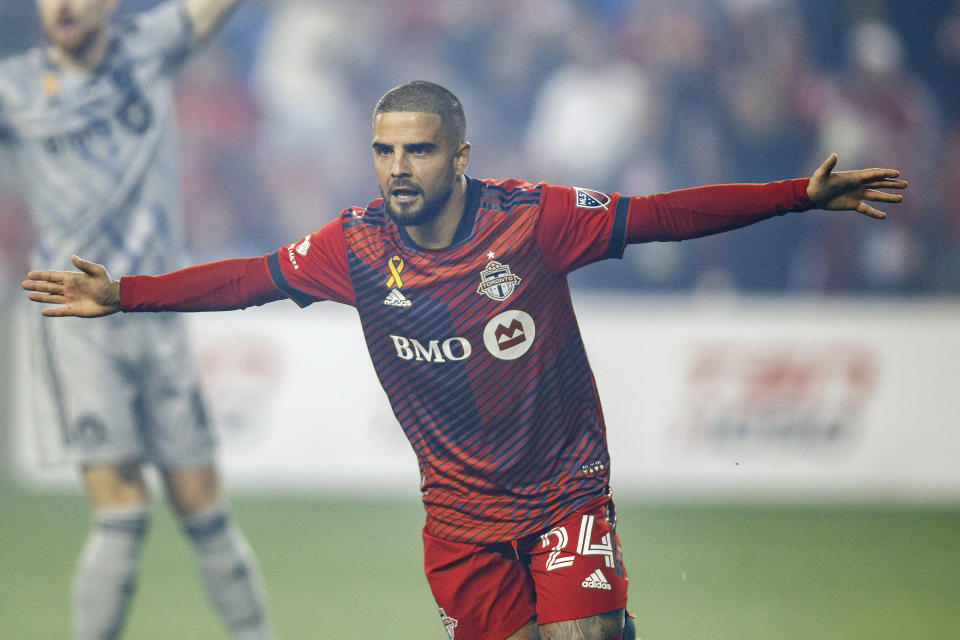 Toronto FC forward Lorenzo Insigne (24) celebrates a goal during first half MLS soccer action against Montreal in Toronto on Sunday, Sept. 4, 2022. (Cole Burston/The Canadian Press via AP)