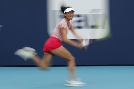 Mar 23, 2019; Miami Gardens, FL, USA; Su-Wei Hshieh of Chinese Taipei chases a shot against Naomi Osaka of Japan (not pictured) in the second round of the Miami Open at Miami Open Tennis Complex. Mandatory Credit: Geoff Burke-USA TODAY Sports