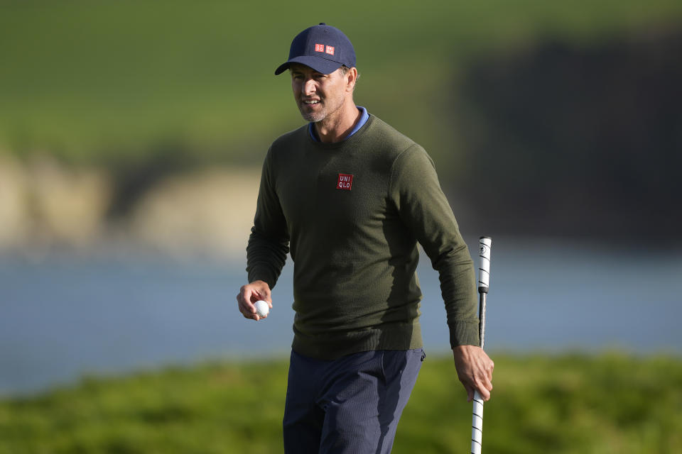 Adam Scott walks on the 17th green at Pebble Beach Golf Links during the second round of the AT&T Pebble Beach National Pro-Am golf tournament in Pebble Beach, Calif., Friday, Feb. 2, 2024. (AP Photo/Ryan Sun)