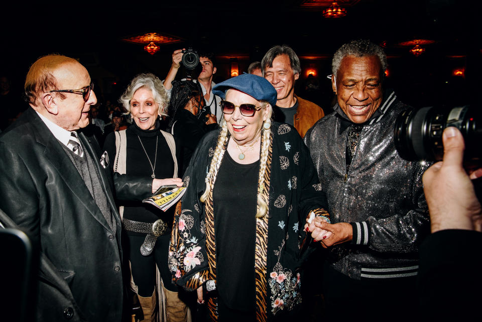 Clive Davis and Joni Mitchell at the Broadway premiere of "Almost Famous" held at the at the Bernard B. Jacobs Theatre on November 3, 2022 in New York City.