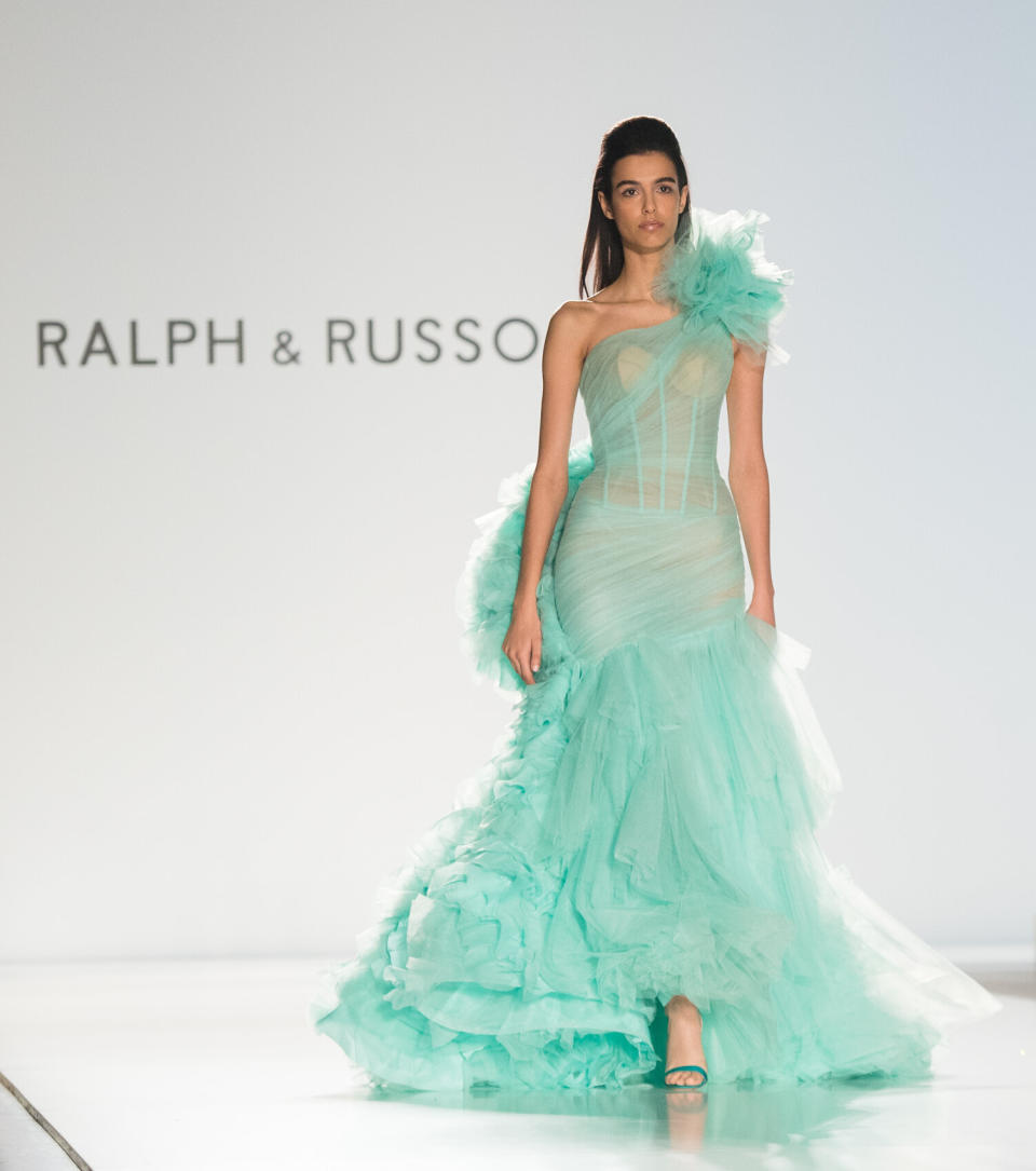 A model walks the runway at the Ralph &amp; Russo haute couture spring/summer 2020 show on Jan. 20.