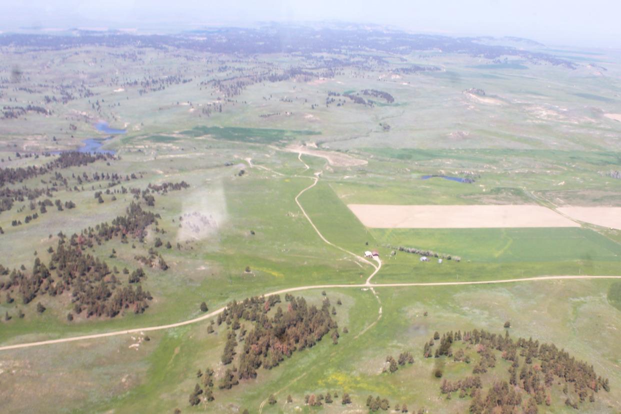 An aerial view of a small section of the 550 miles of rural roads maintained by Petroleum County.