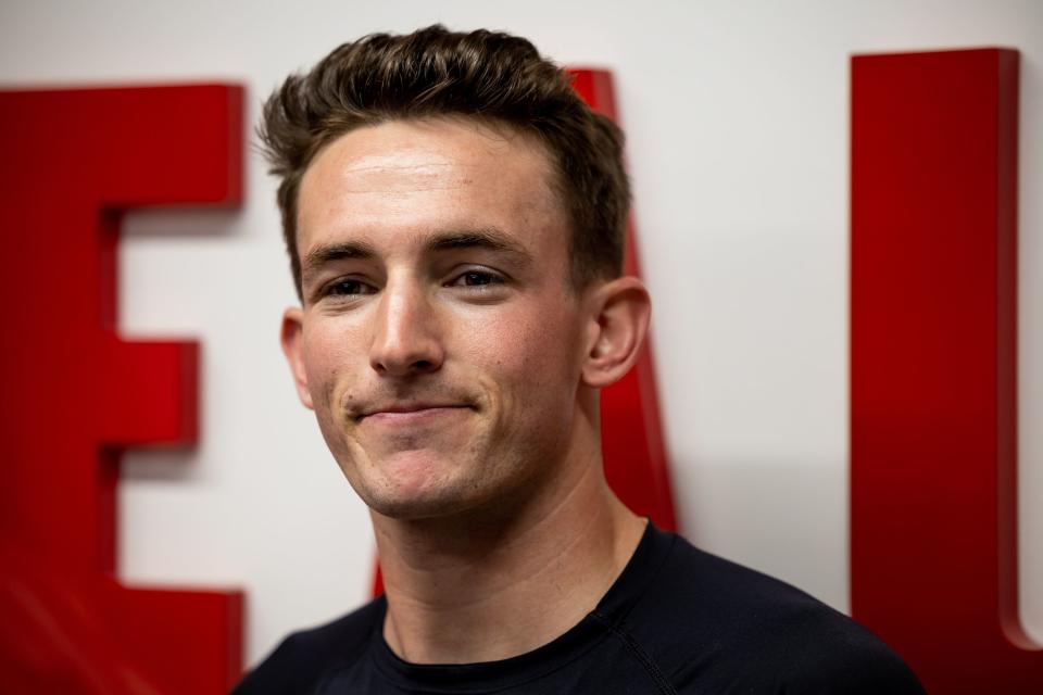 Tyler Bradbury, a junior attacker on the Utah lacrosse team, talks to reporters at the Jon M. and Karen Huntsman Basketball Facility in Salt Lake City on Monday, May 8, 2023, ahead of the team’s first ever trip to the NCAA tournament. | Spenser Heaps, Deseret News