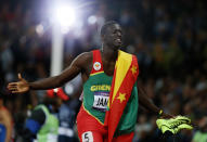 Grenada's Kirani James celebrates after winning the men's 400m final at the London 2012 Olympic Games at the Olympic Stadium August 6, 2012. REUTERS/Lucy Nicholson (BRITAIN - Tags: OLYMPICS SPORT ATHLETICS) 
