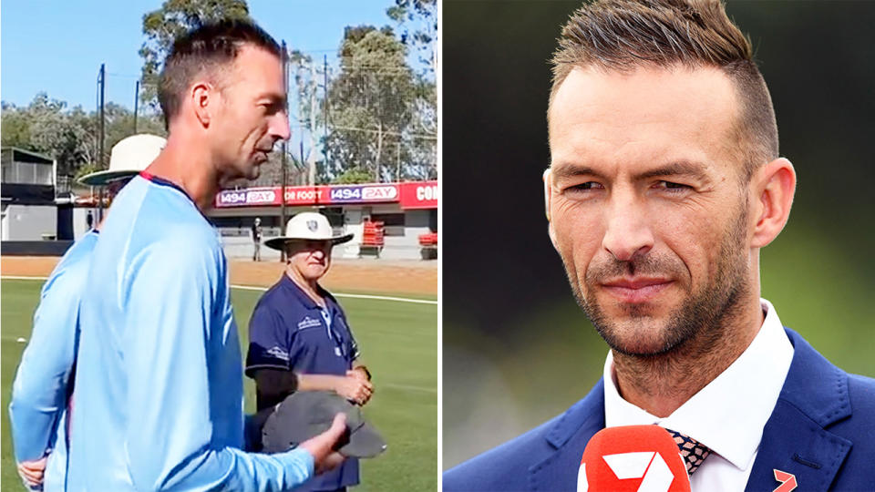 Trent Copeland speaking to his New South Wales teammates and Copeland commentating.