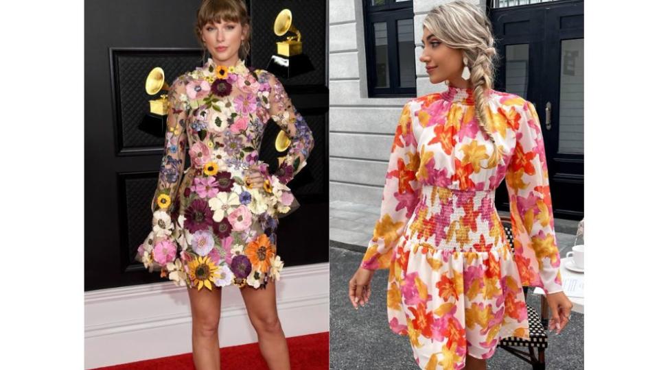 Taylor Swift in Oscar De La Renta and model wearing Shein floral print dress