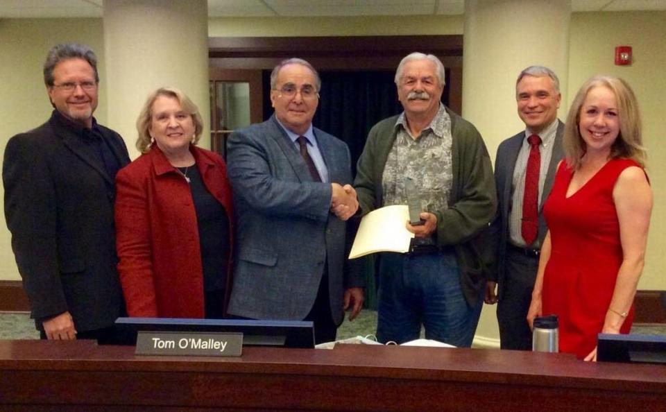 The Atascadero City Council swore in its new council on Tuesday night. Pictured, from left, are: Councilman Brian Sturtevant, Councilwoman Roberta Fonzi, Mayor Tom O’Malley, outgoing Councilman Bob Kelley, new Councilman Charles Bourbeau and Councilwoman Heather Moreno.