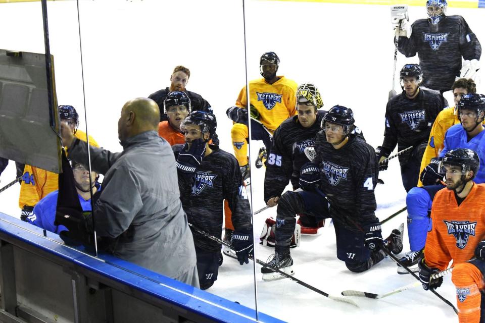 Pensacola Ice Flyers coach Rod Aldoff designs a play during recent practice at Pensacola Bay Center.