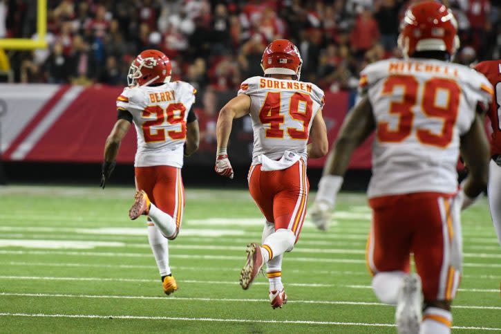 Dec 4, 2016; Atlanta, GA, USA; Kansas City Chiefs strong safety Eric Berry (29) intercepts a two point conversion attempt and returns it for the game winning points against the Atlanta Falcons during the second half at the Georgia Dome. The Chiefs won 29-28. Mandatory Credit: Dale Zanine-USA TODAY Sports