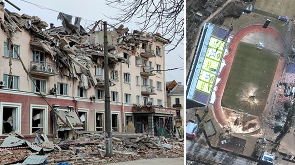 Foto del Hotel Ucrania destruido al lado de la imagen satelital del estadio de Chernígov con un gran cráter de bomba en la cancha